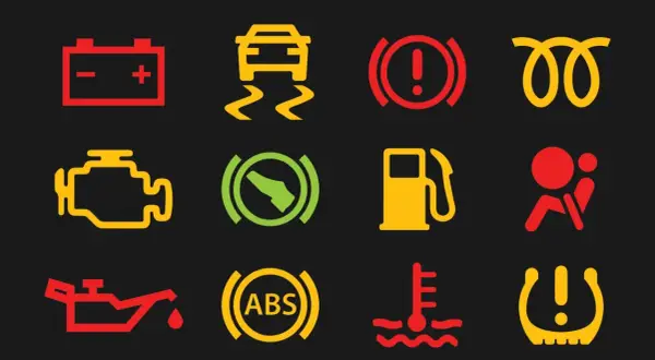 Ikony kontrolek samochodowych na czarnym tle: akumulator, ESP, hamulec, świece żarowe, silnik, hamulec ręczny, paliwo, poduszka powietrzna, olej, ABS, temperatura, ciśnienie opon.