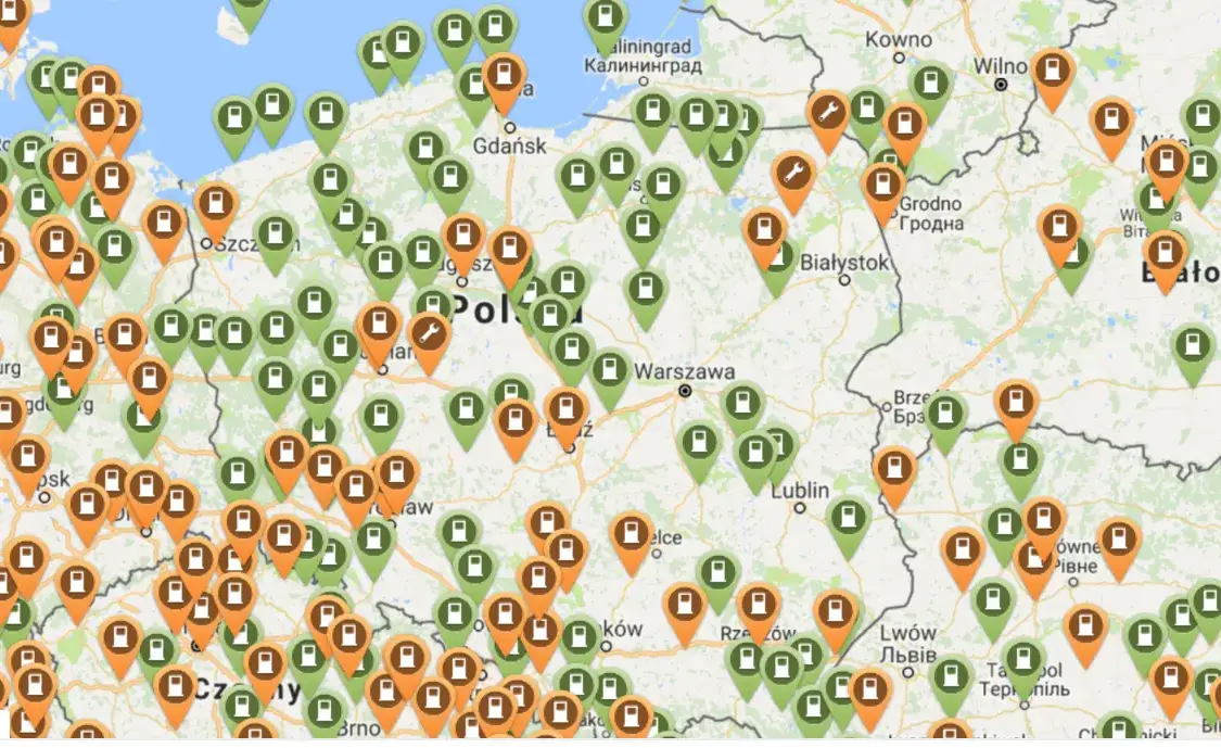 Mapa stacji ładowania samochodów elektrycznych Polska